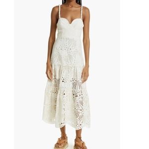 Farm Rio Women's Cream Richilier Eyelet Lace Palm Midi Dress Sleeveless XL NWOT